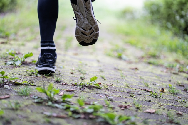 The feet of a runner dashing through nature
